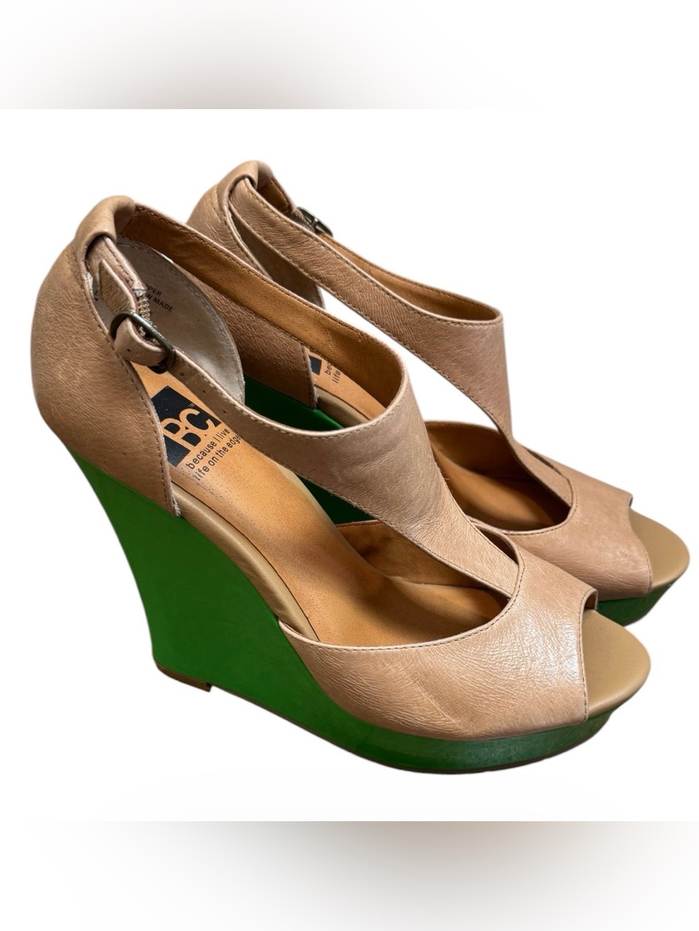 BC Footwear Size 7 Nude Green Platform Wedge Peep Toe Heels Leather $100 Retail